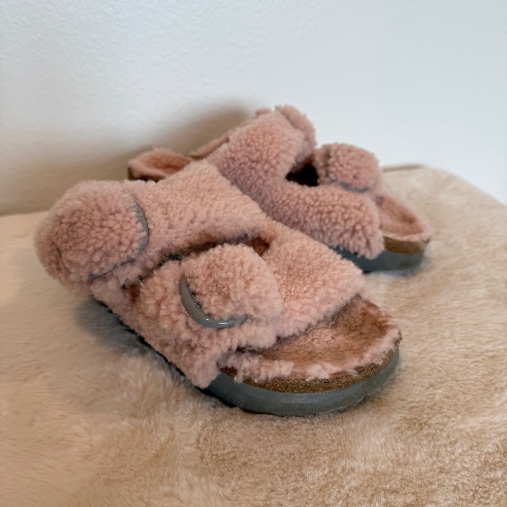 Birkenstock Women's Pink Fuzzy Two-Strap Slide Sandals